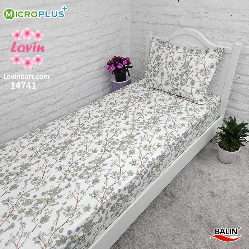 ملحفه کشدار یک و نیم نفره شاخه گل طوسی سدری میکروپلاس