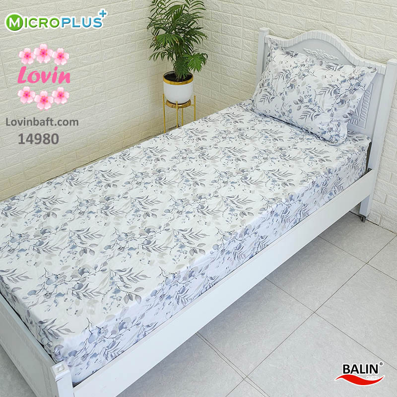 ملحفه کشدار یک و نیم نفره طرح برگ های بهاری طوسی میکروپلاس