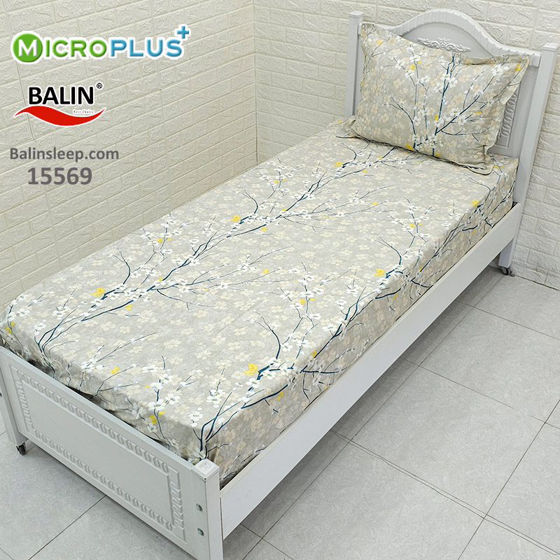 ملحفه کشدار یکنفره کرم طرح شاخه ای میکروپلاس